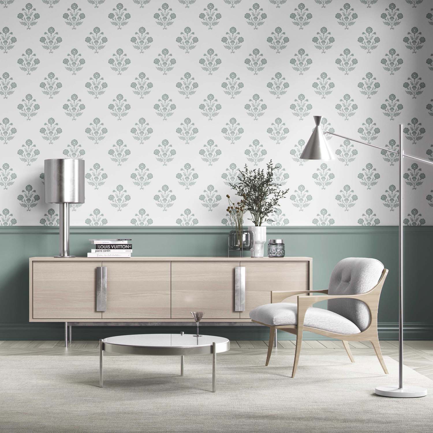 Floral Block Print Kitchen Wallpaper (Duck Egg Blue/ White)