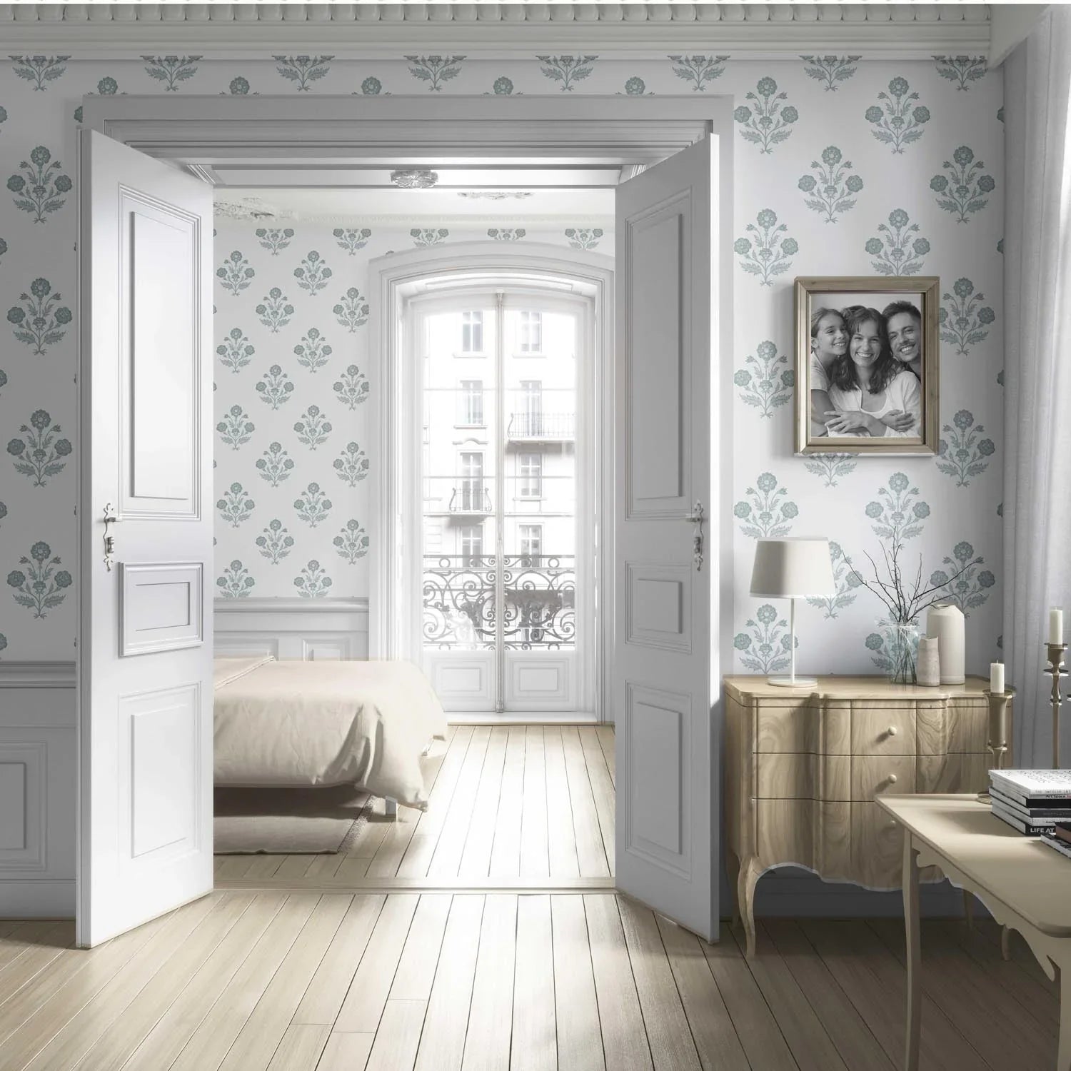 Floral Block Print Living Room Wallpaper (Duck Egg Blue/ White)