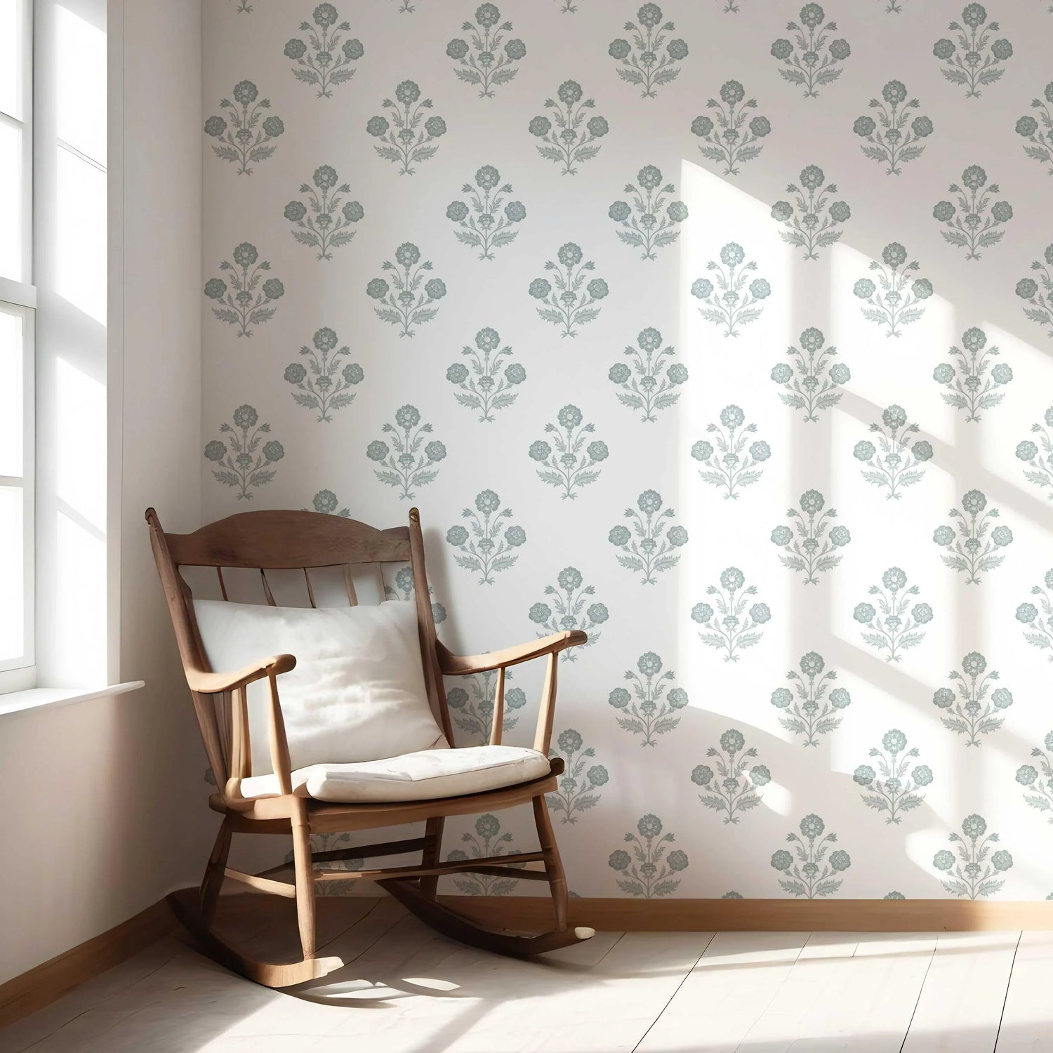 Floral Block Print Nursery Wallpaper (Duck Egg Blue/ White)