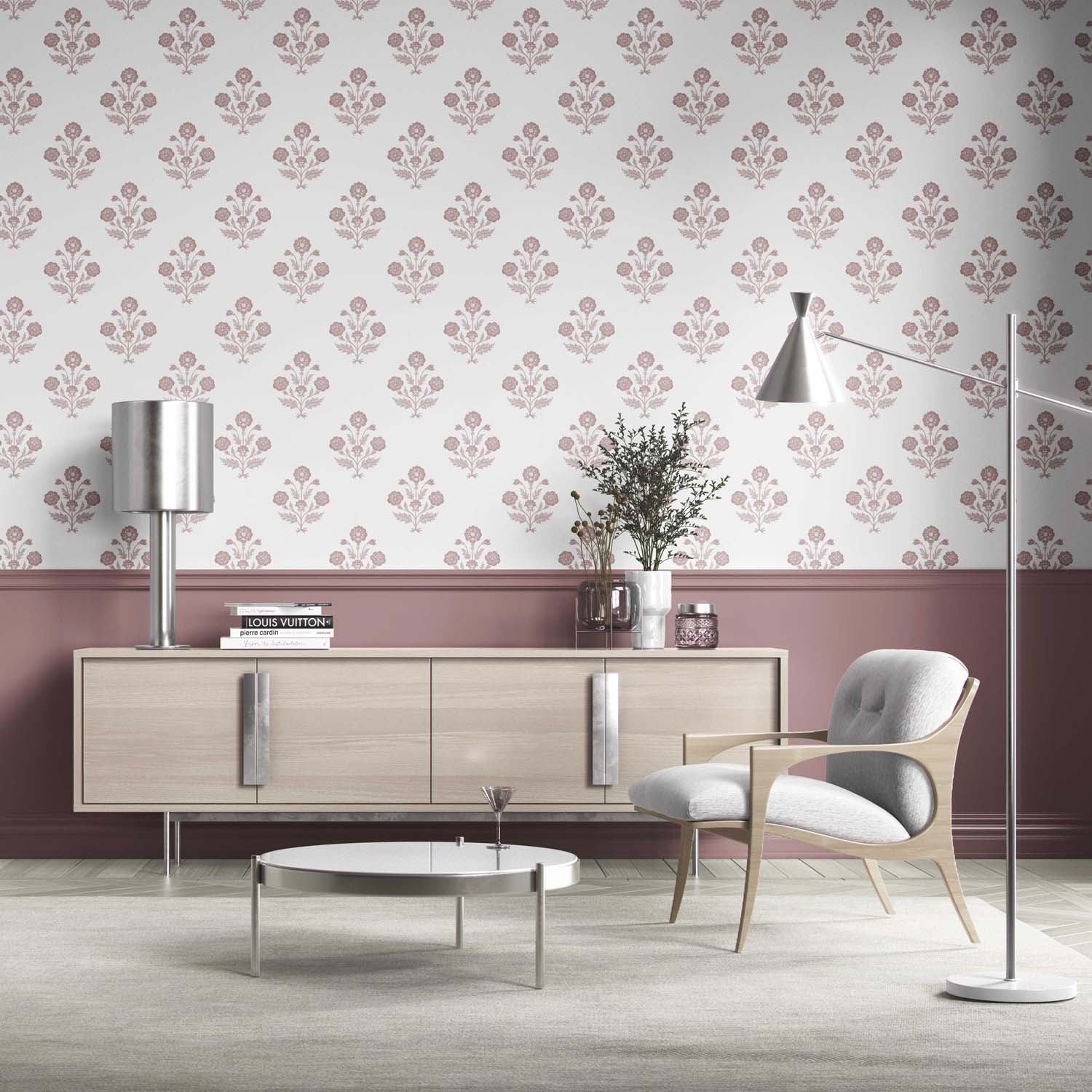 Floral Block Print Kitchen Wallpaper (Light Rose Pink/ White)