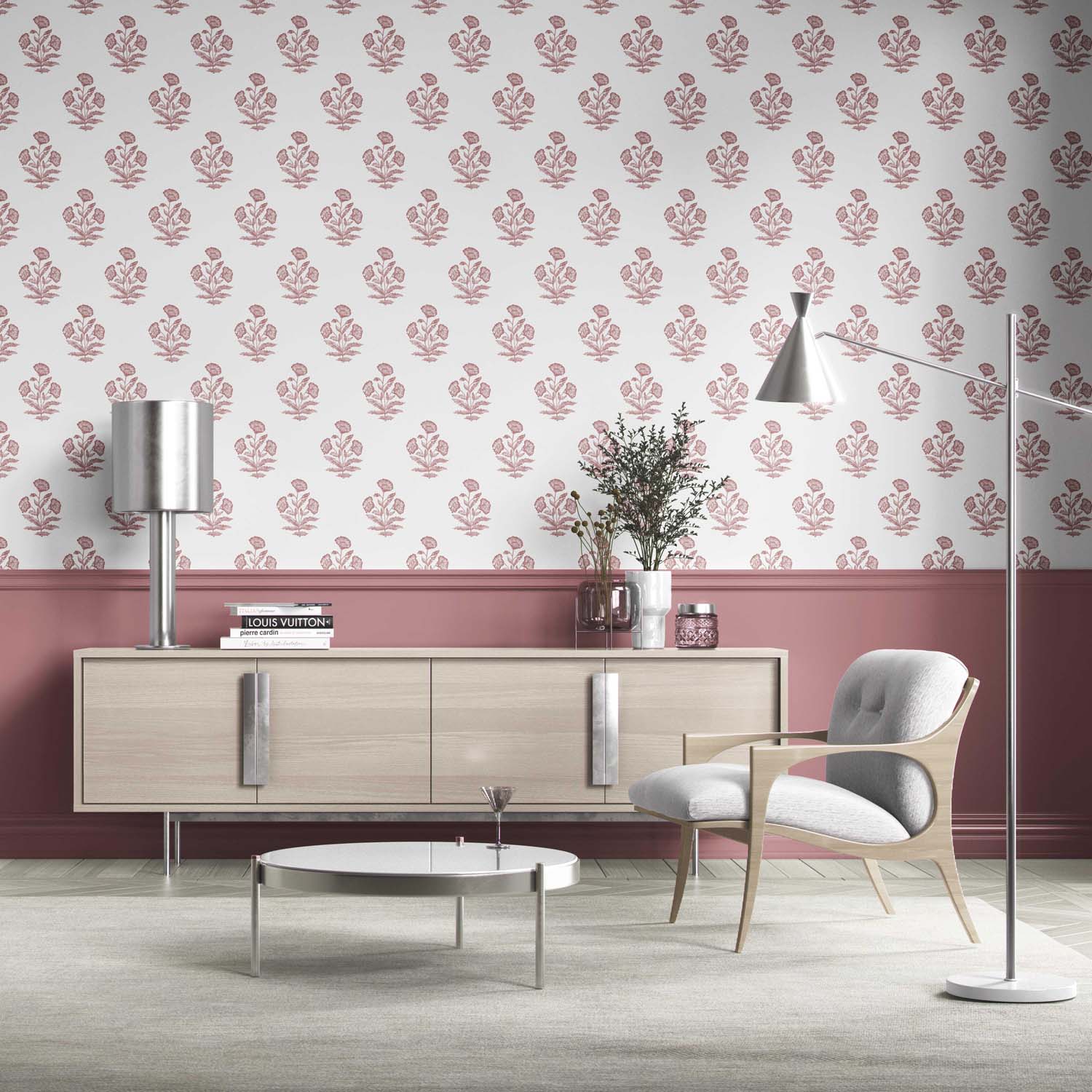 Floral Block Print Kitchen Wallpaper (Pink/ White)