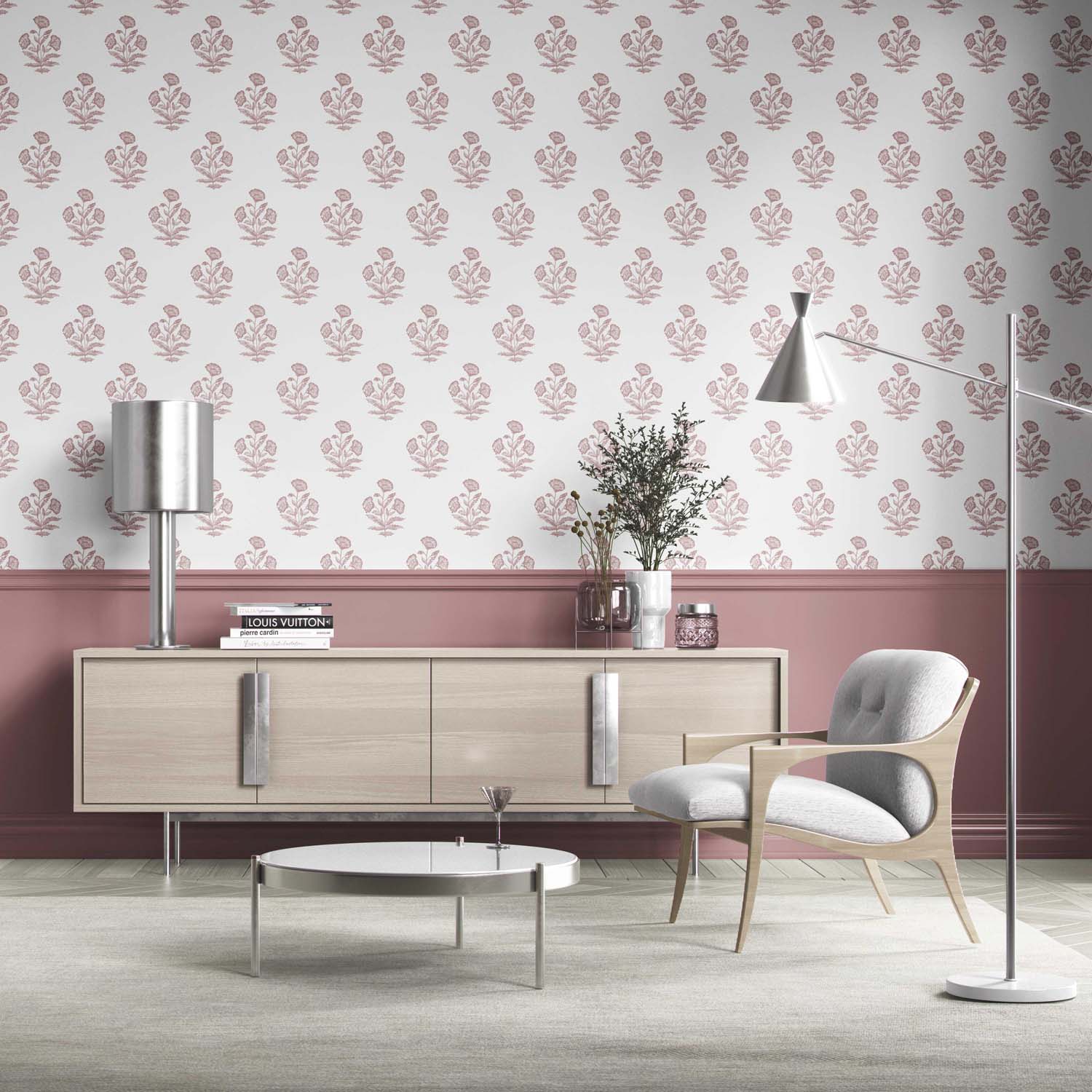Floral Block Print Kitchen Wallpaper (Light Pink/ White)