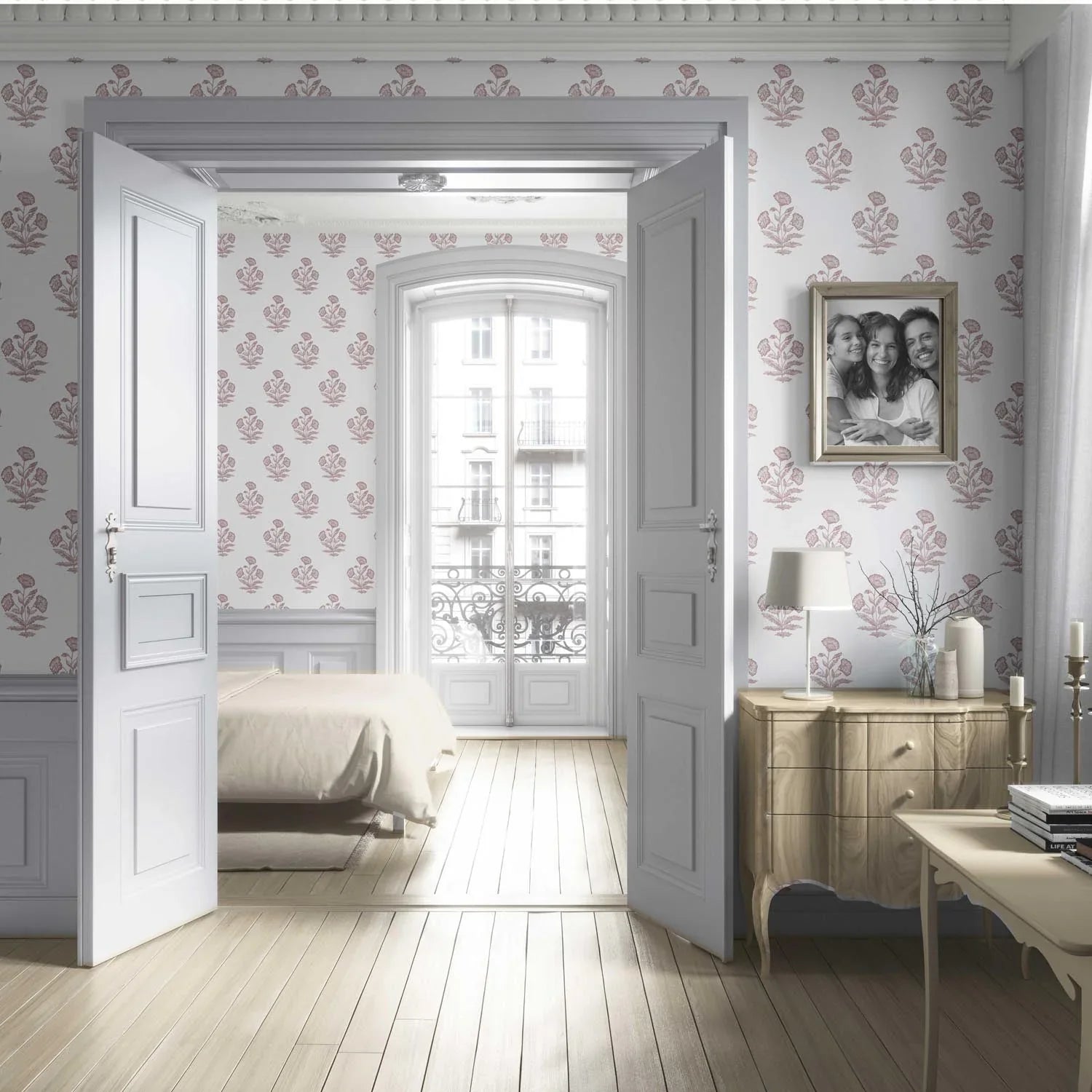 Floral Block Print Living Room Wallpaper (Light Pink/ White)