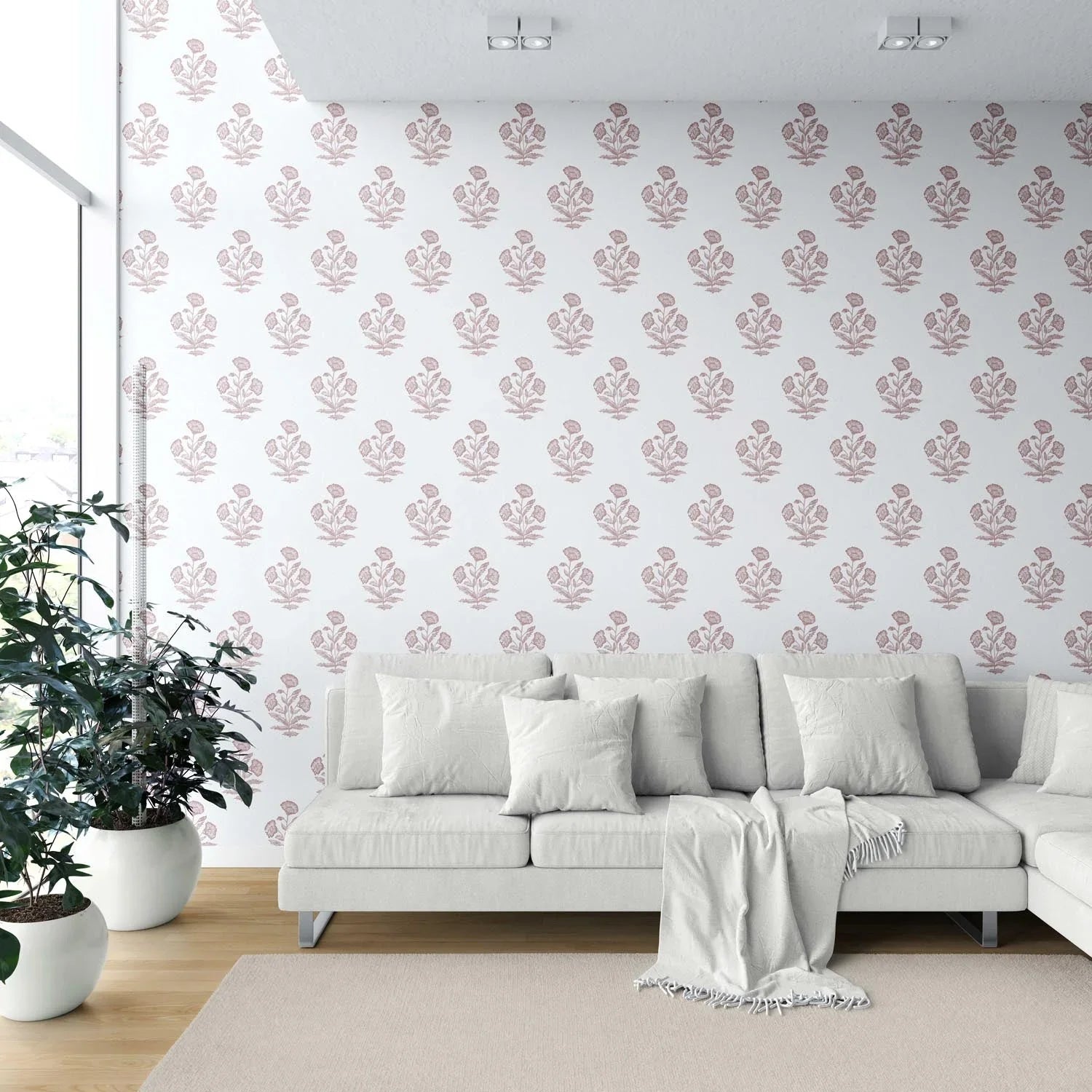 Floral Block Print Shower Toilet Wallpaper (Light Pink/ White)
