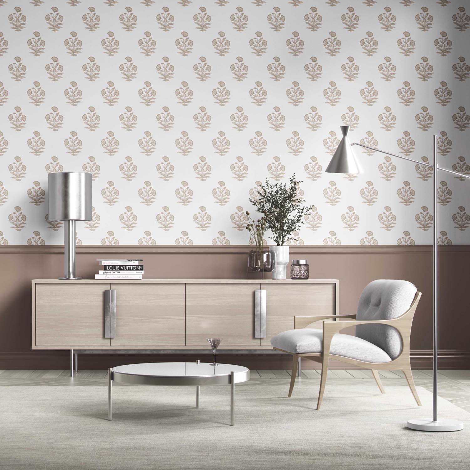 Neutral Floral Block Print Kitchen Wallpaper (Beige/ Taupe/ White)
