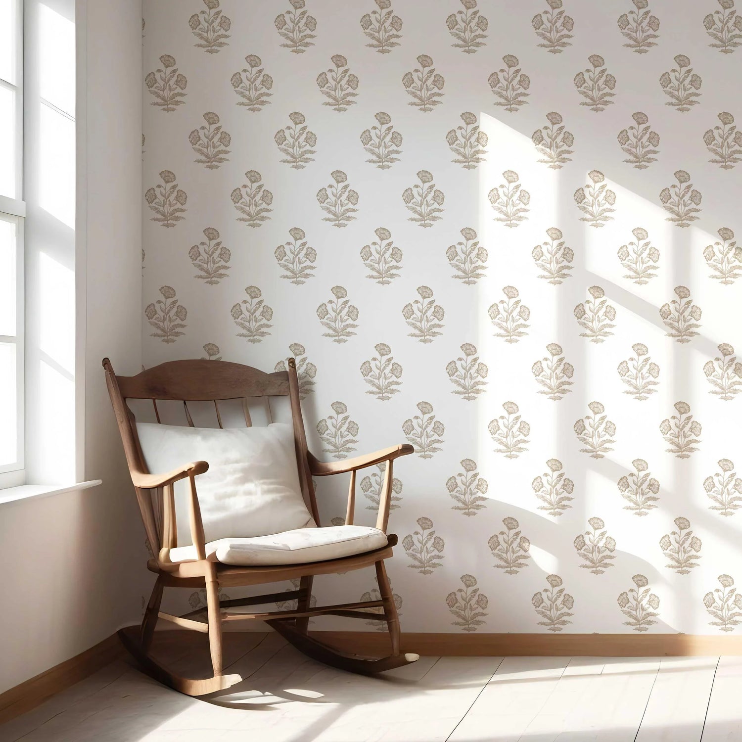 Neutral Floral Block Print Nursery Wallpaper (Beige/ Taupe/ White)