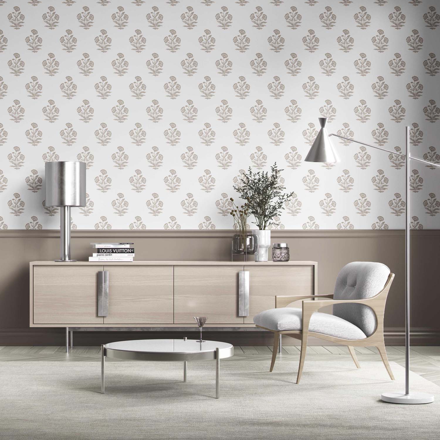 Neutral Floral Block Print Kitchen Wallpaper (Greige/ Warm Gray/ White)