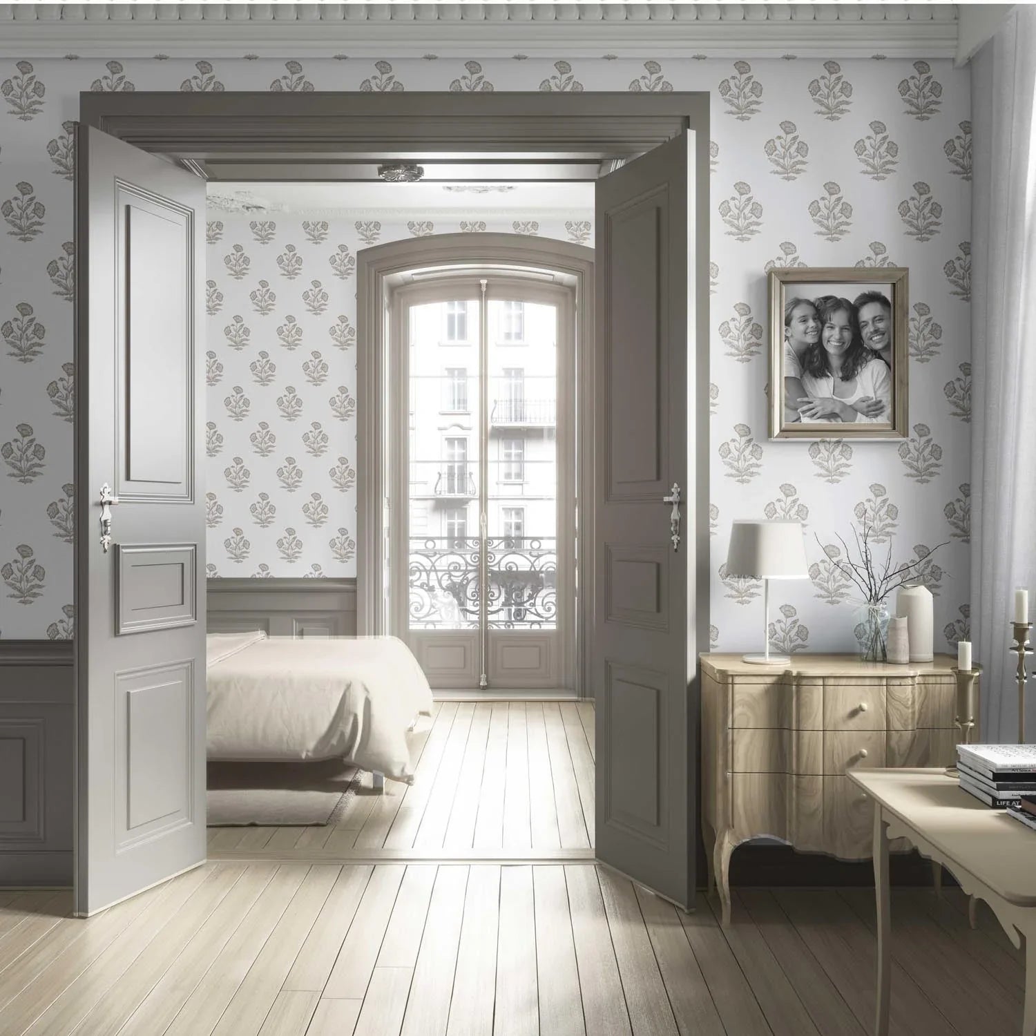Neutral Floral Block Print Living Room Wallpaper (Greige/ Warm Gray/ White)