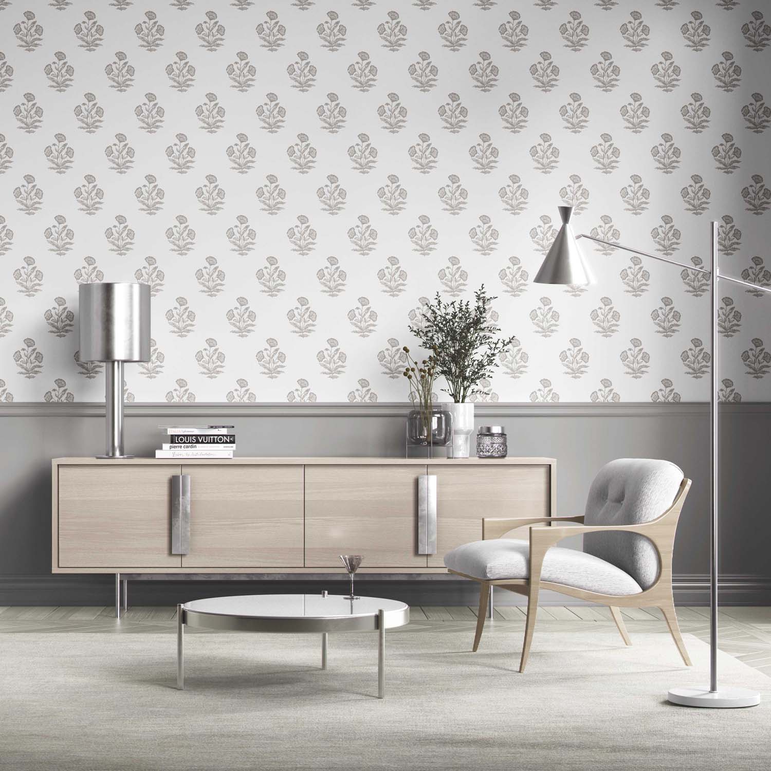 Neutral Floral Block Print Kitchen Wallpaper (Gray/ White)