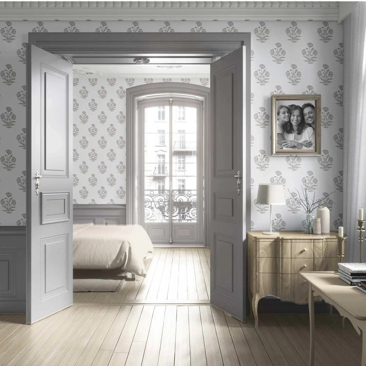 Neutral Floral Block Print Living Room Wallpaper (Gray/ White)