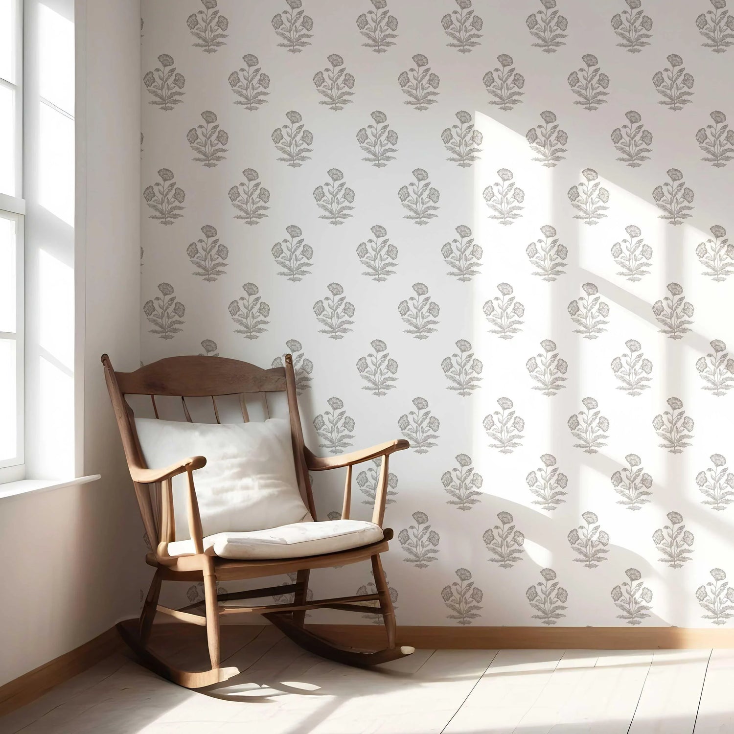 Neutral Floral Block Print Nursery Wallpaper (Gray/ White)