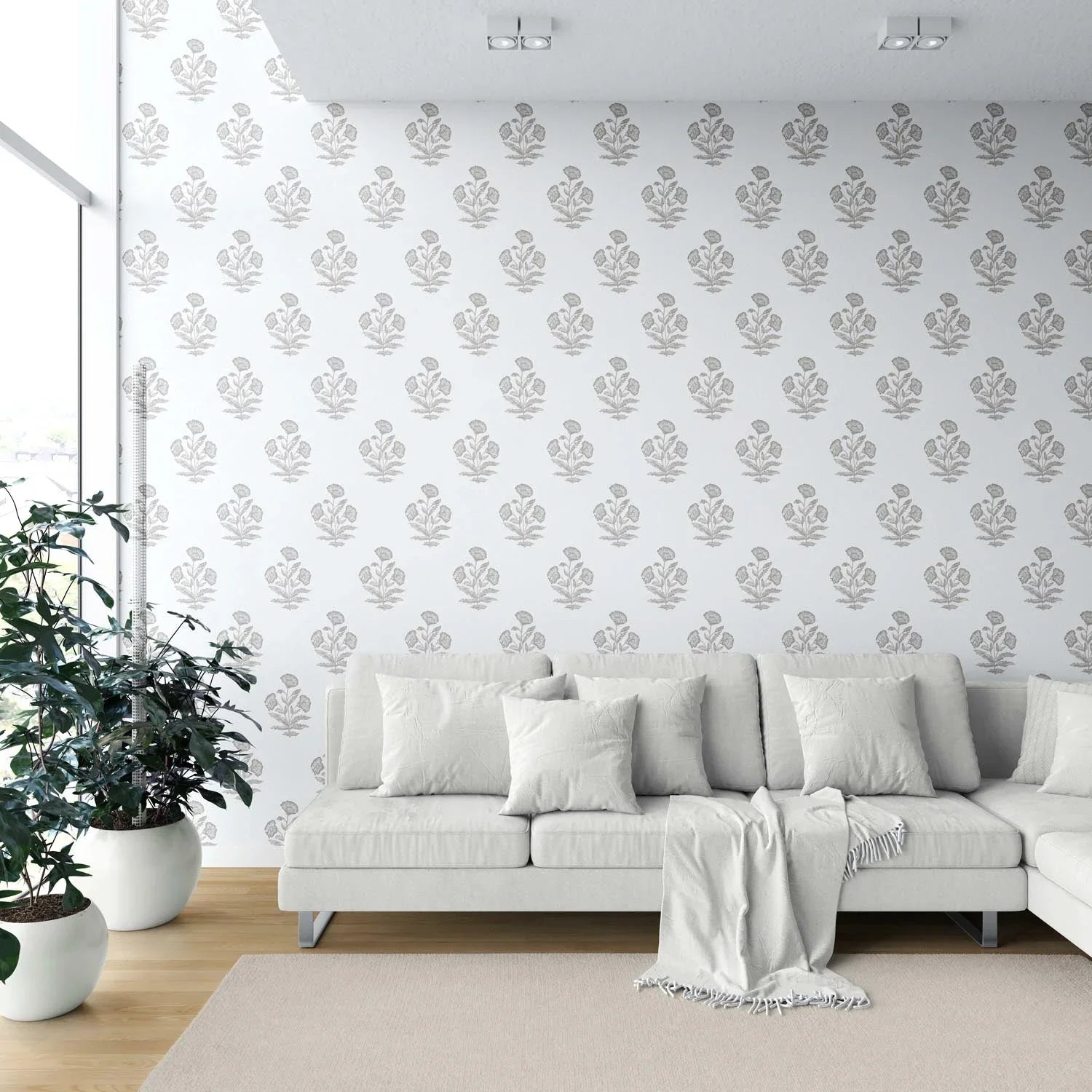 Neutral Floral Block Print Shower Toilet Wallpaper (Gray/ White)