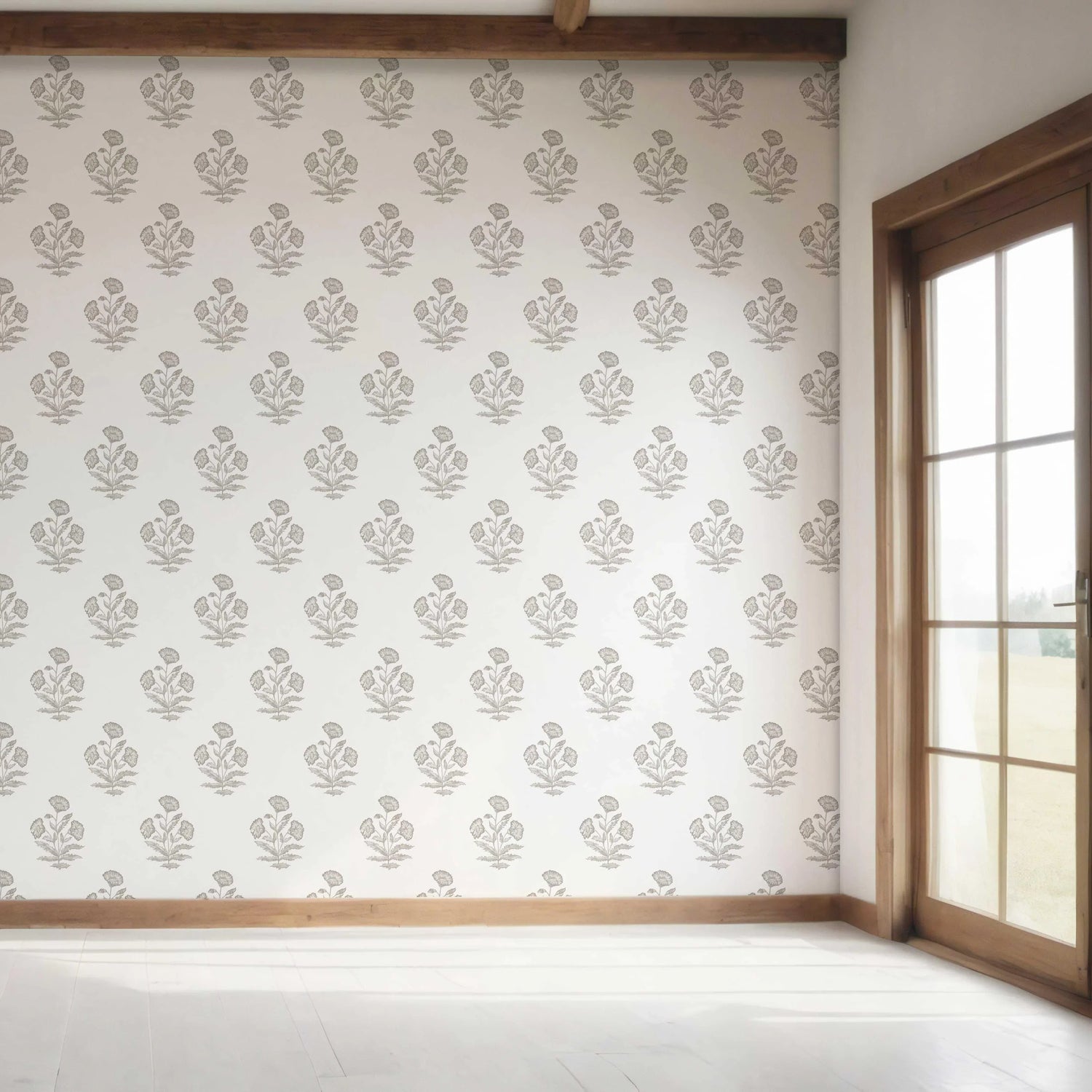 Neutral Floral Block Print Bedroom Wallpaper (Gray/ White)