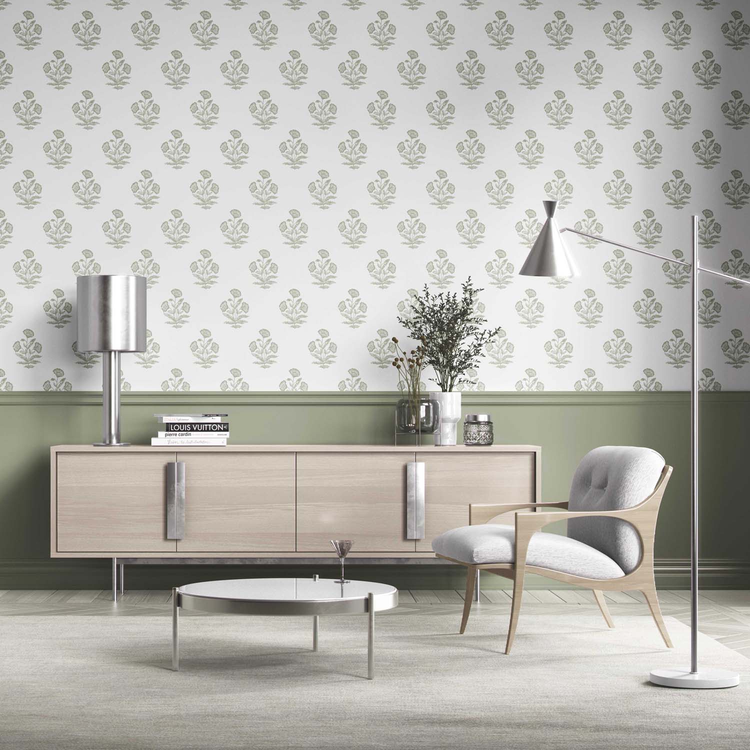 Floral Block Print Kitchen Wallpaper (Green/ White)