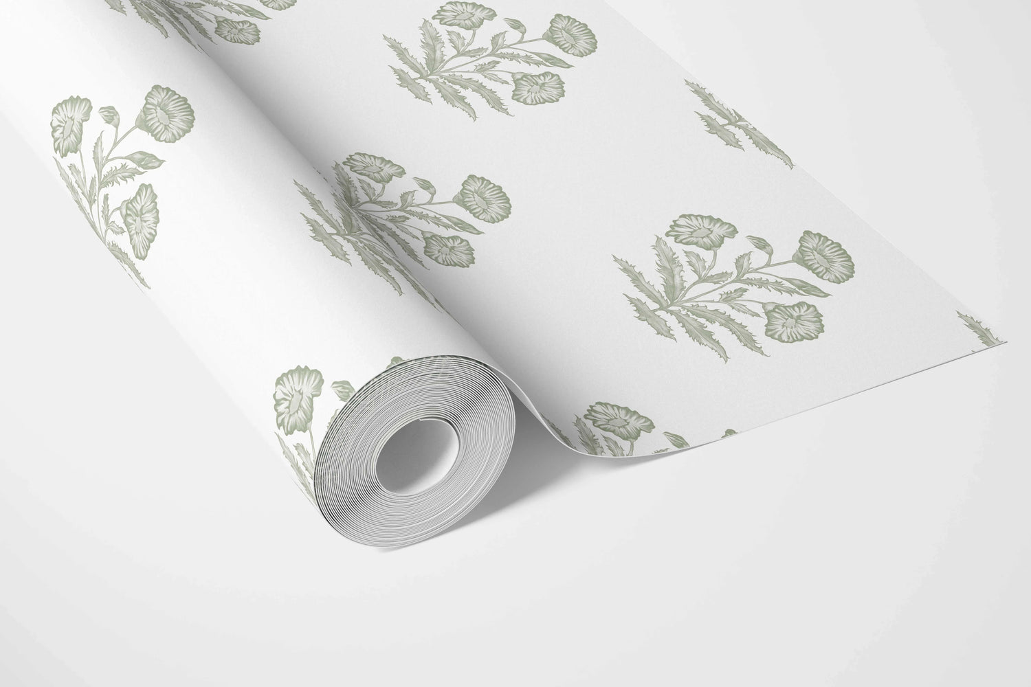 Floral Block Print Bathroom Wallpaper (Green/ White)