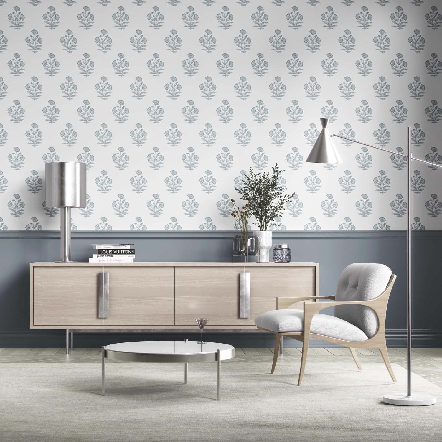 Floral Block Print Kitchen Wallpaper (Sage Blue/ White)
