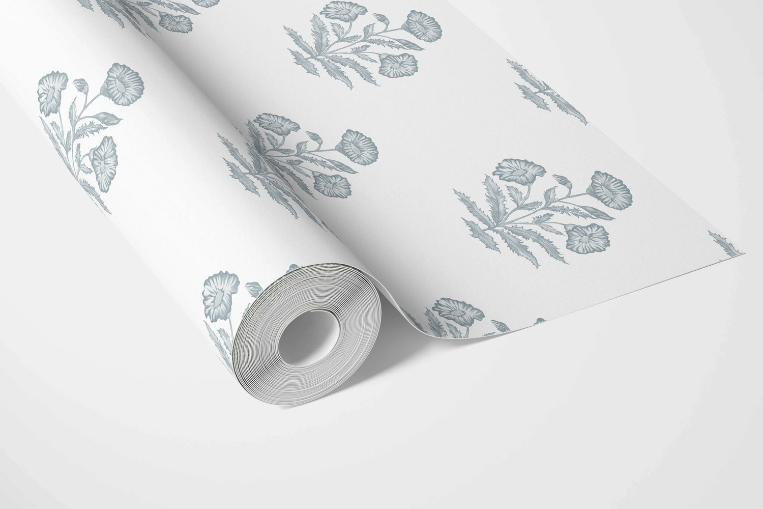 Floral Block Print Bathroom Wallpaper (Sage Blue/ White)