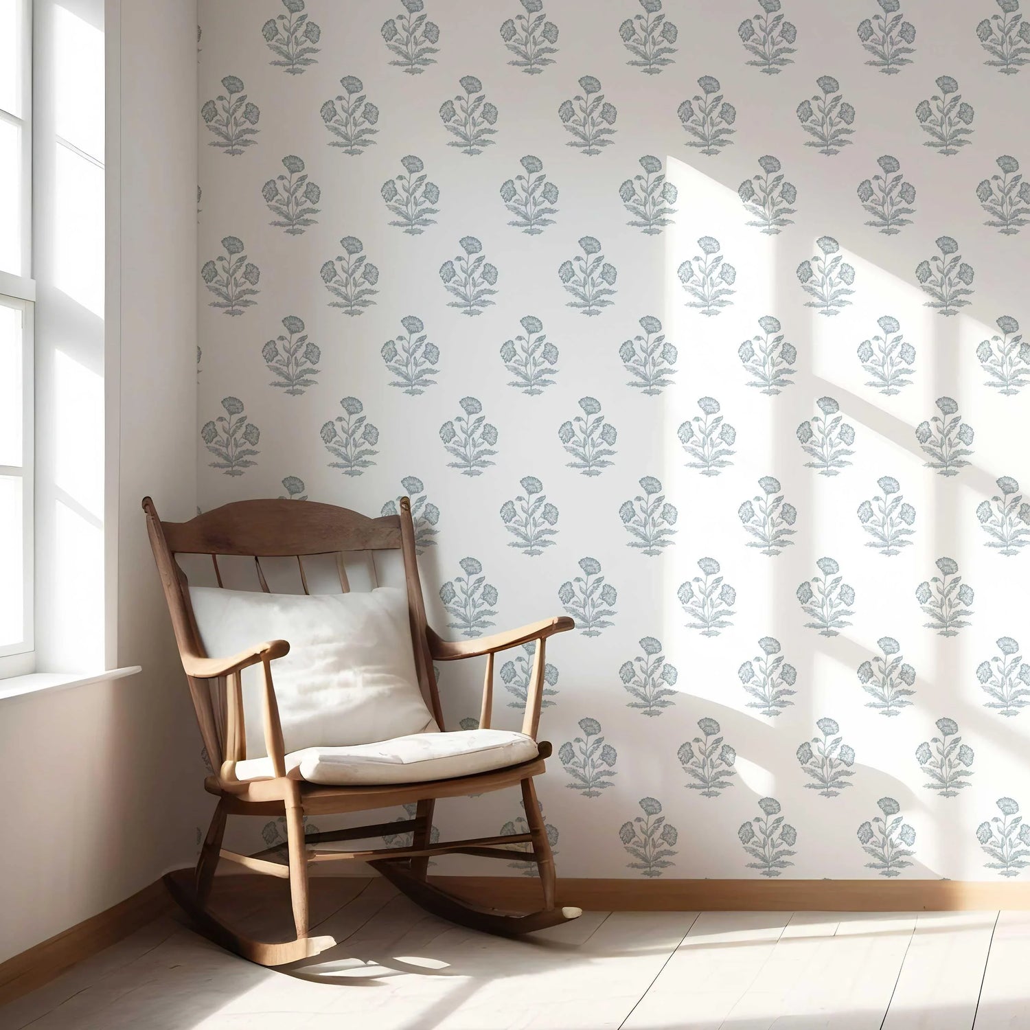 Floral Block Print Nursery Wallpaper (Sage Blue/ White)