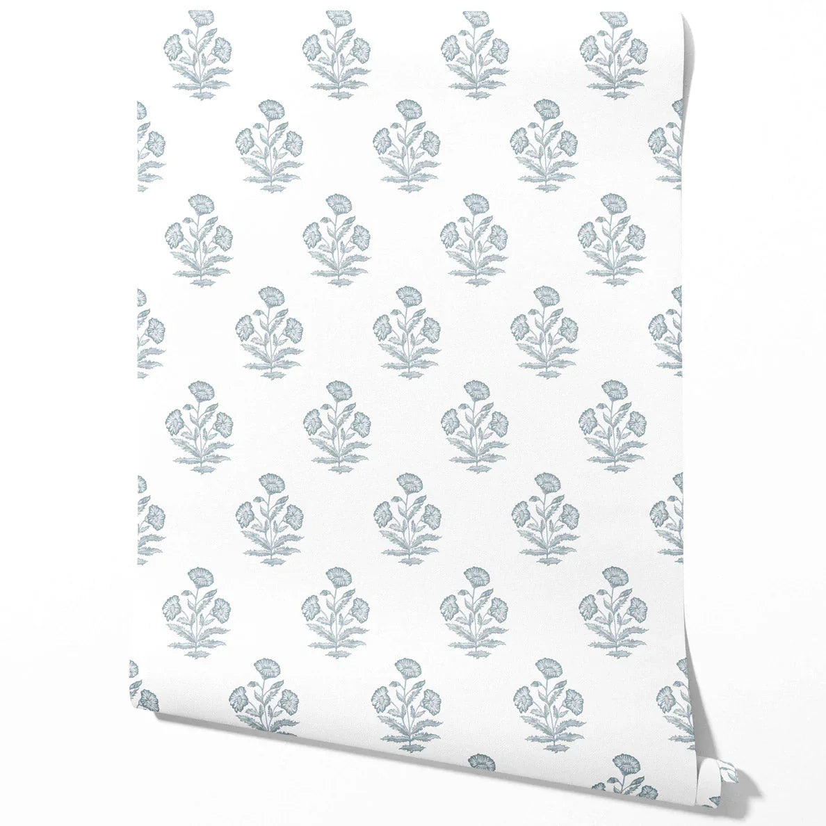 Floral Block Print Kids Room Wallpaper (Sage Blue/ White)