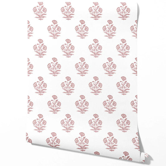 Floral Block Print Traditional Wallpaper (Soft Pink/ White)