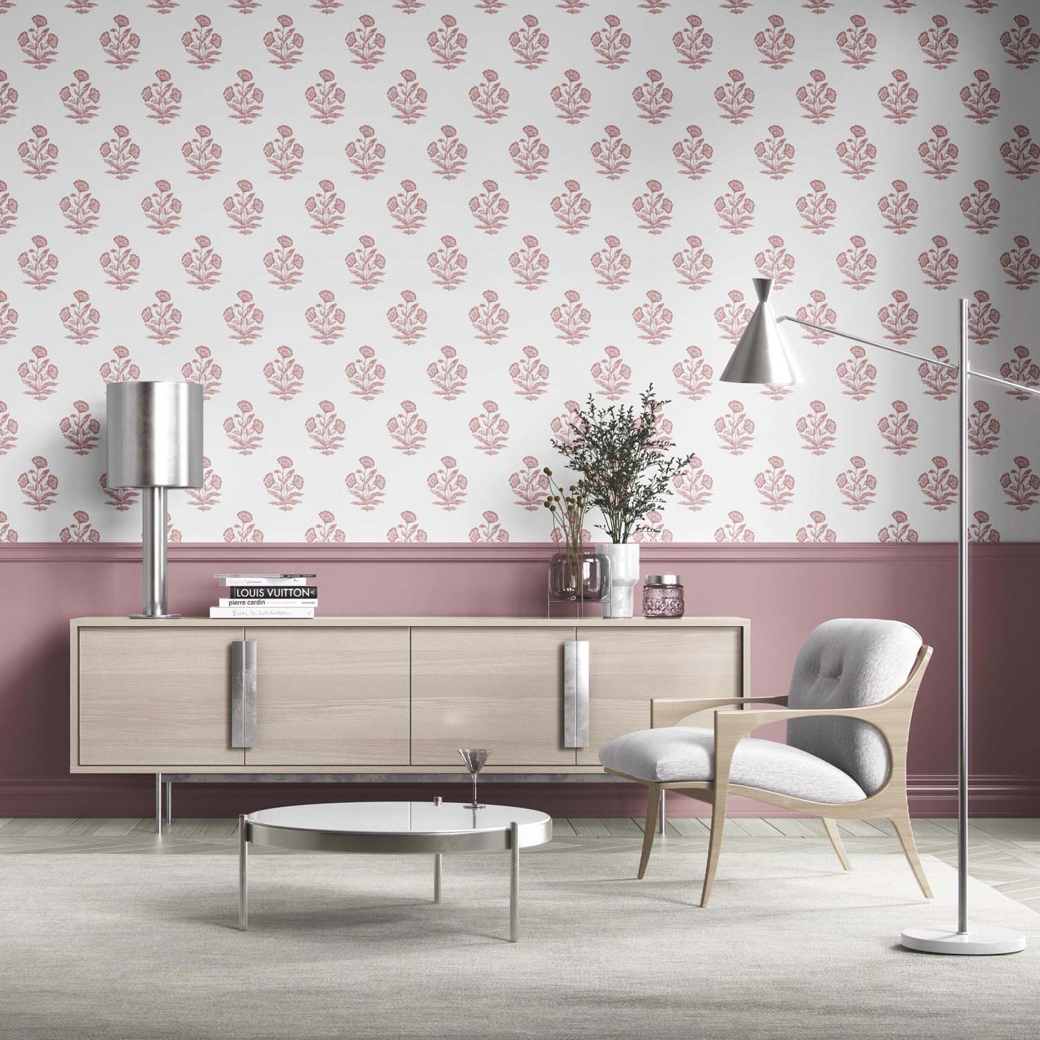 Floral Block Print Kitchen Wallpaper (Soft Pink/ White)