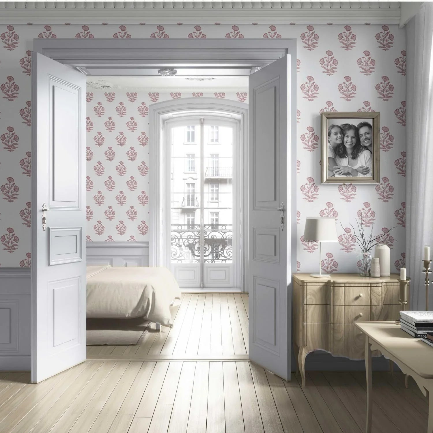 Floral Block Print Living Room Wallpaper (Soft Pink/ White)