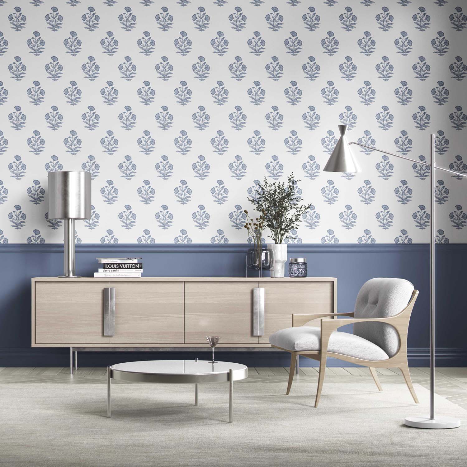 Floral Block Print Kitchen Wallpaper (Slate Blue/ White)