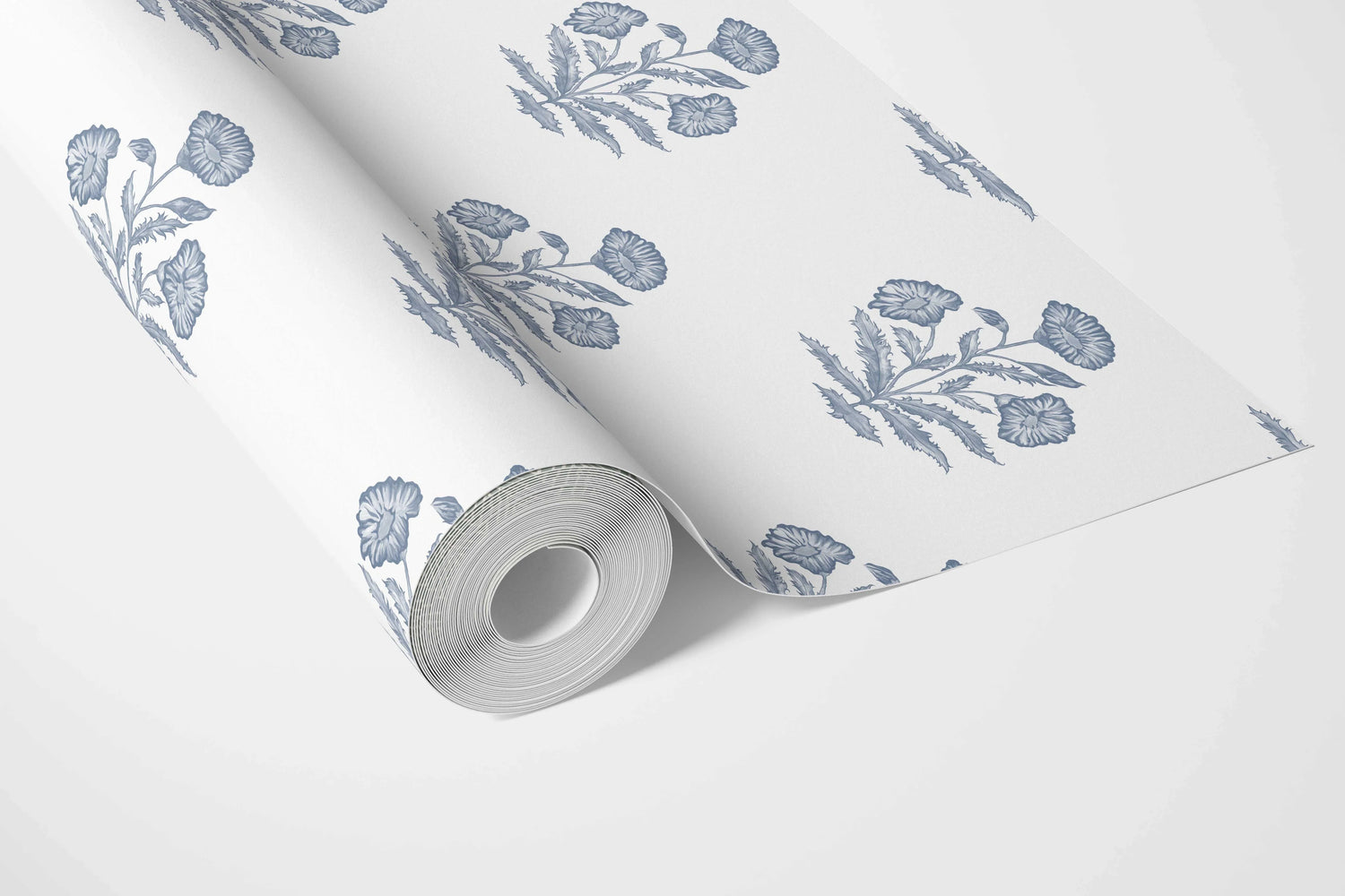 Floral Block Print Bathroom Wallpaper (Slate Blue/ White)