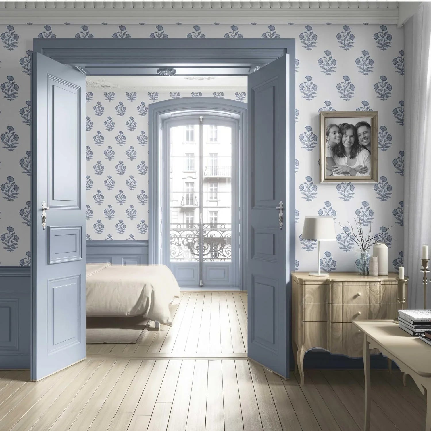 Floral Block Print Living Room Wallpaper (Slate Blue/ White)