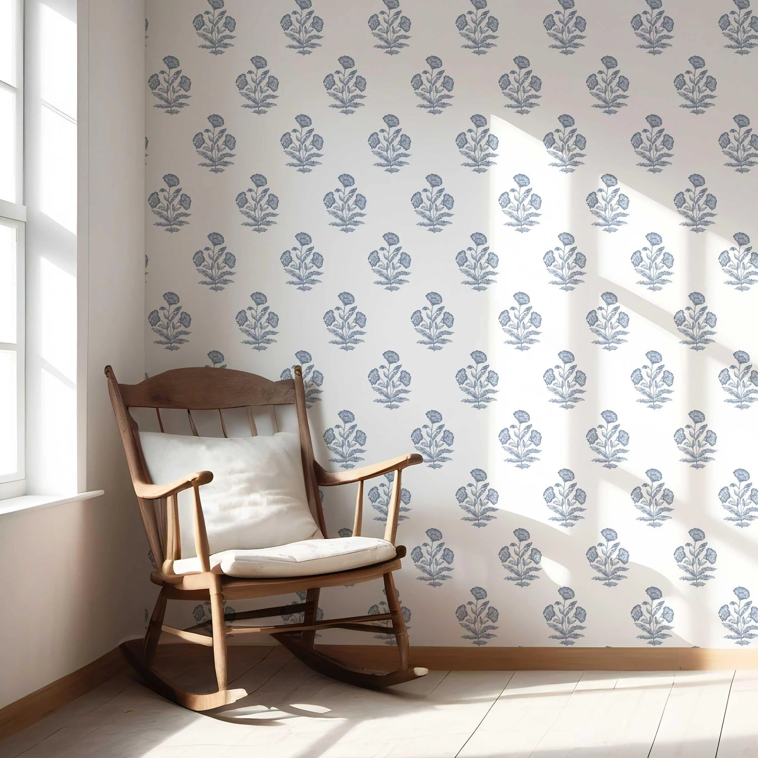 Floral Block Print Nursery Wallpaper (Slate Blue/ White)