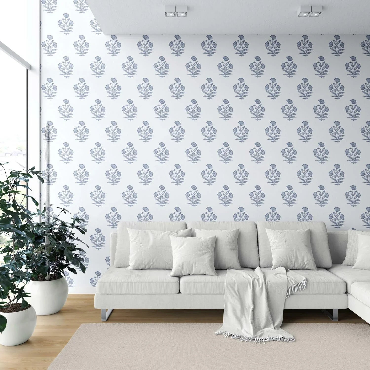 Floral Block Print Shower Toilet Wallpaper (Slate Blue/ White)