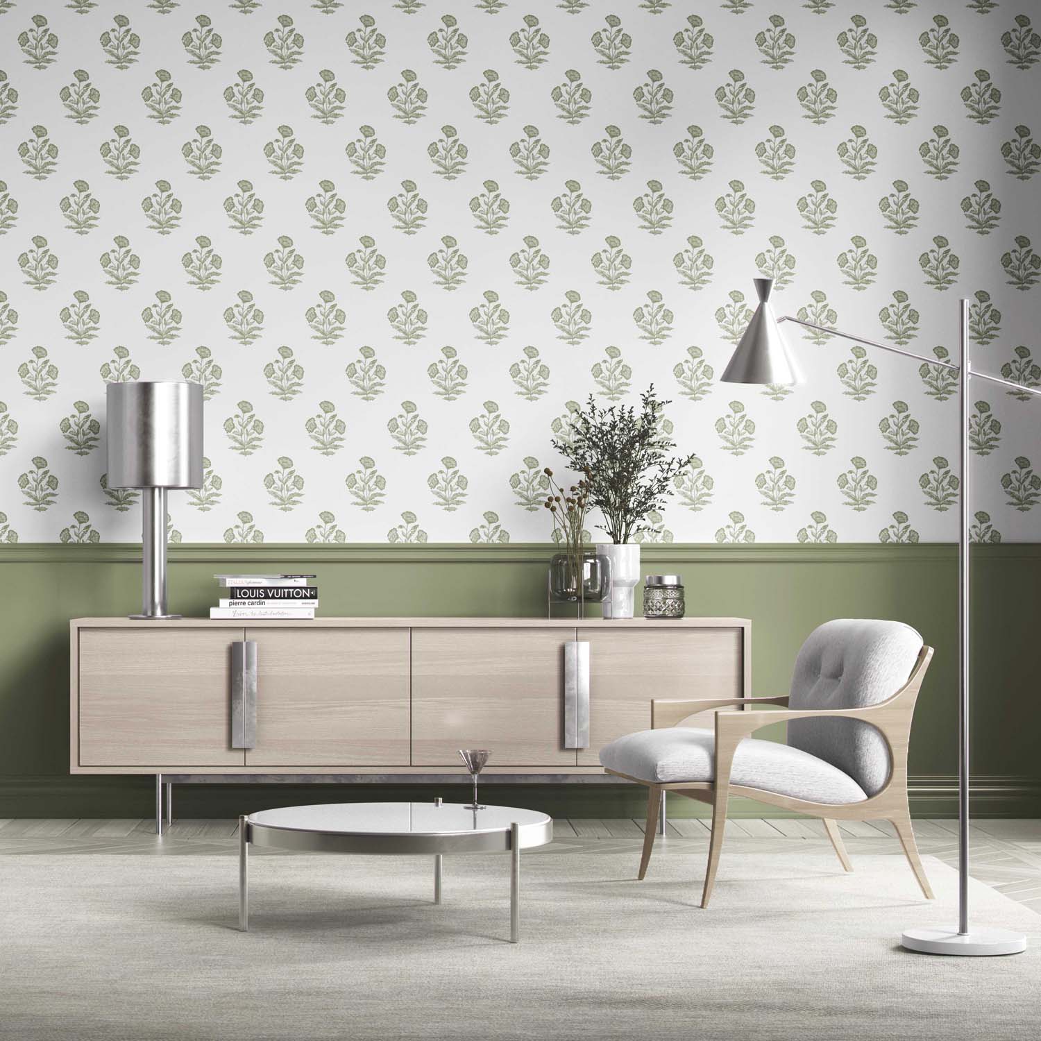 Floral Block Print Kitchen Wallpaper (Olive Green/ White)