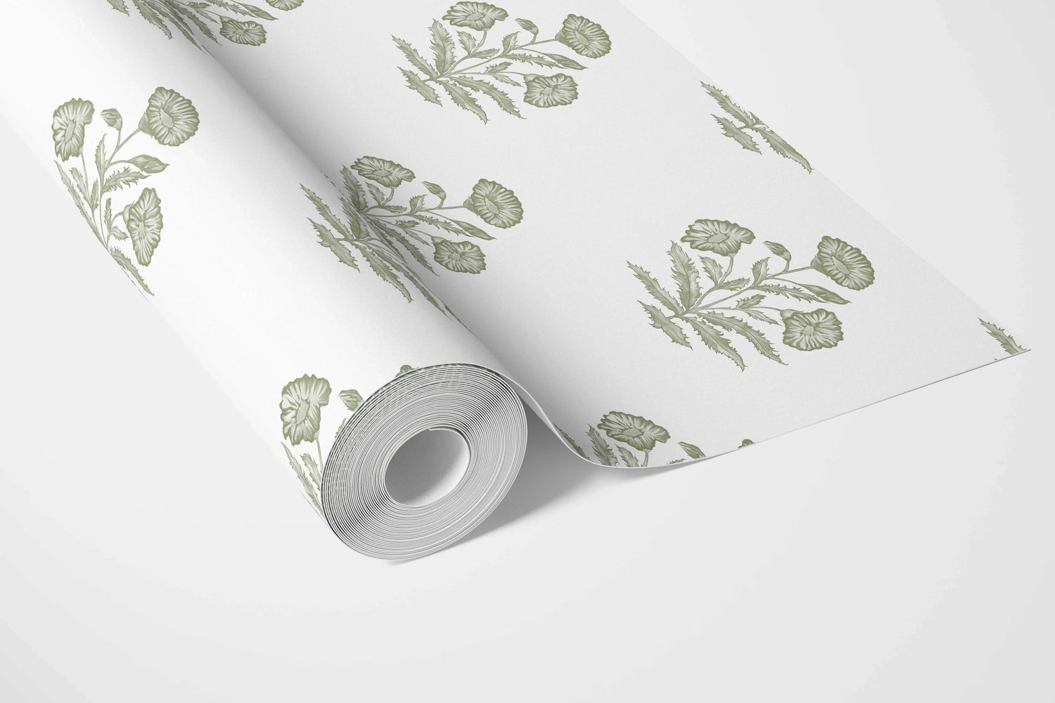 Floral Block Print Bathroom Wallpaper (Olive Green/ White)