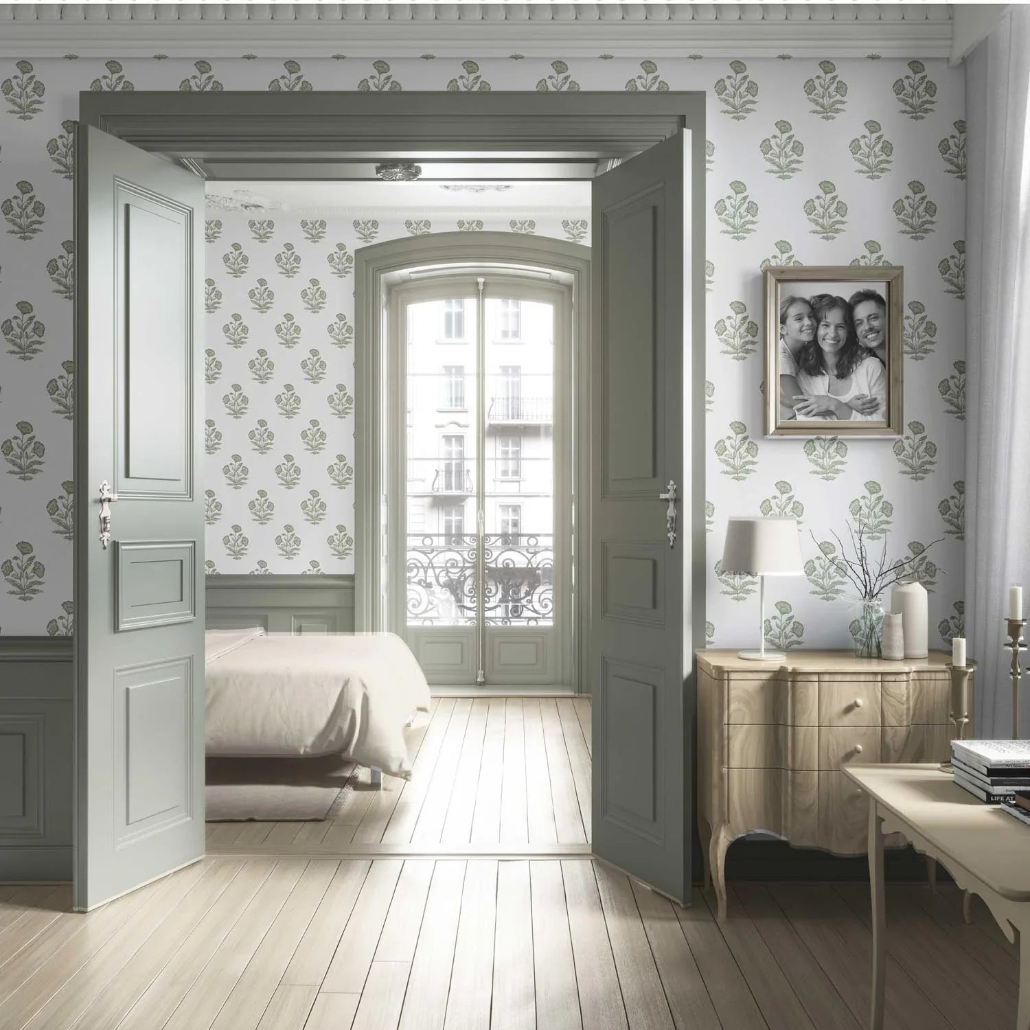 Floral Block Print Living Room Wallpaper (Olive Green/ White)