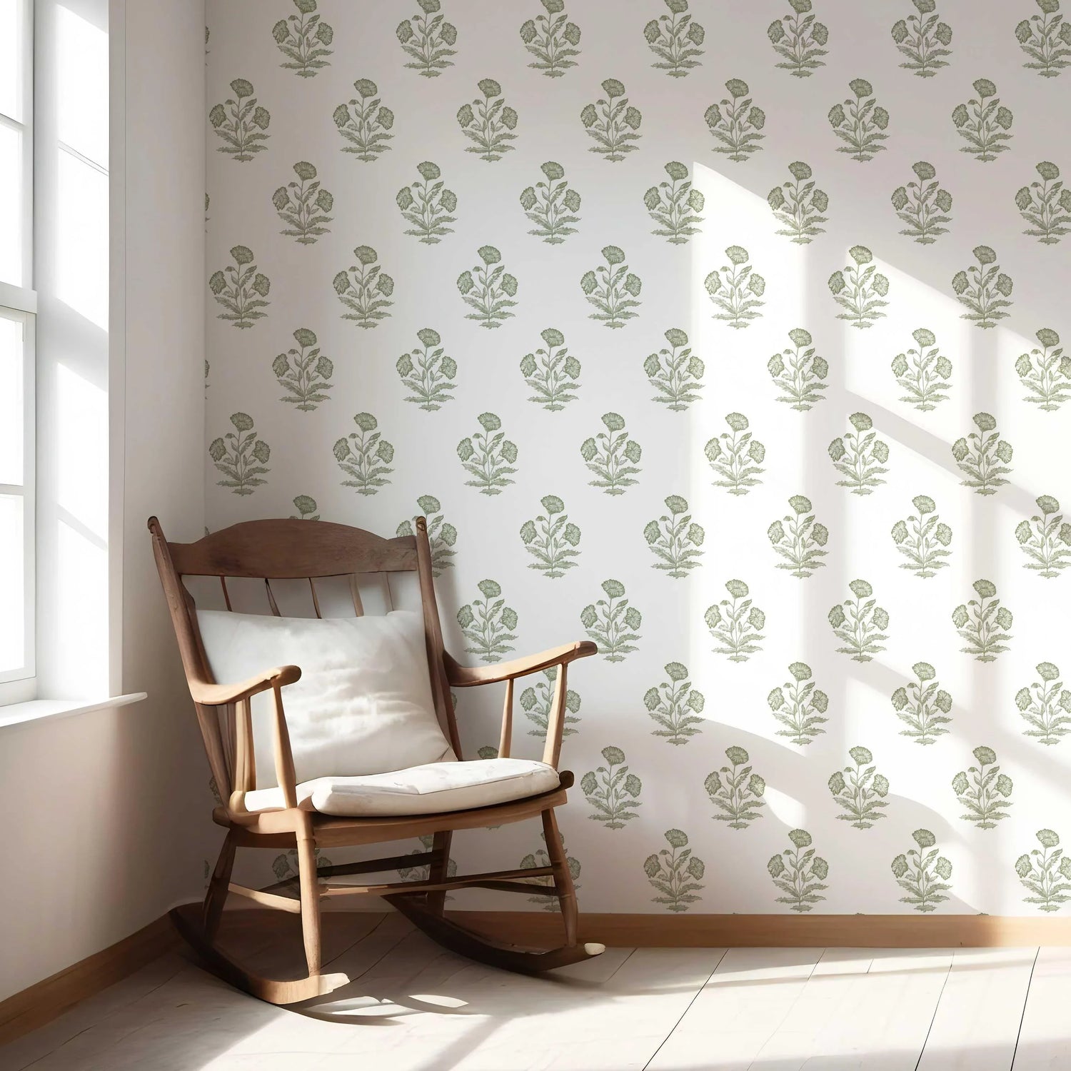 Floral Block Print Nursery Wallpaper (Olive Green/ White)