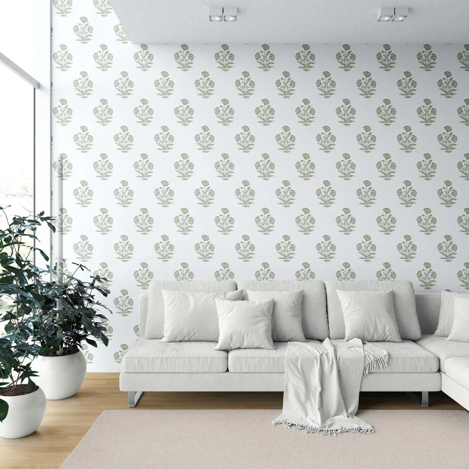 Floral Block Print Shower Toilet Wallpaper (Olive Green/ White)