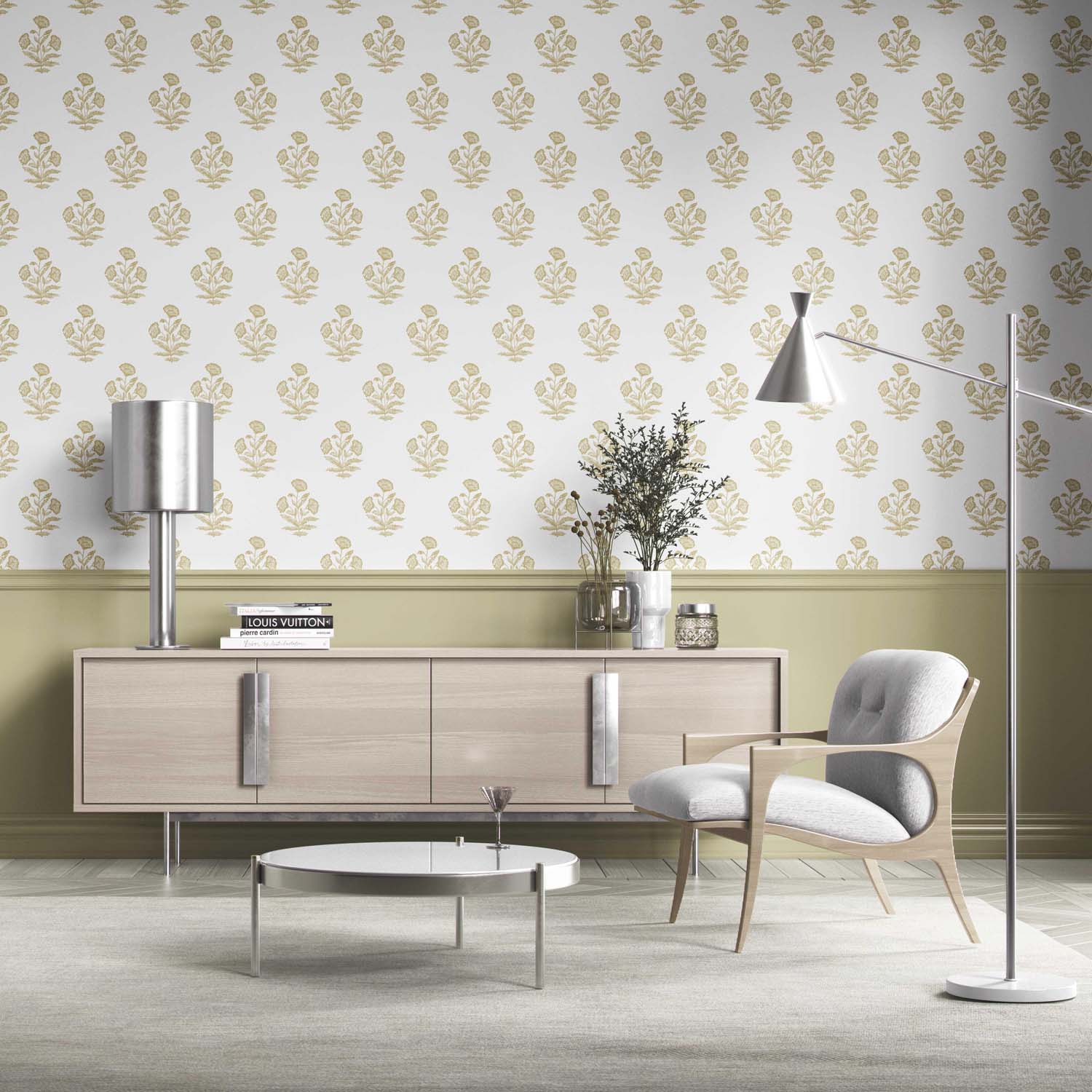 Floral Block Print Kitchen Wallpaper (Yellow-Green/ White)