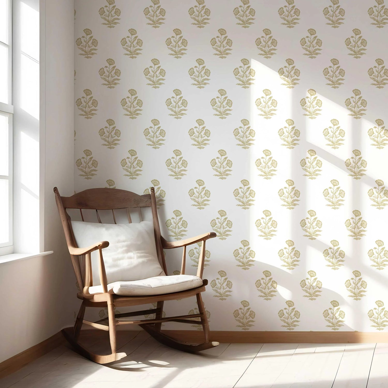 Floral Block Print Nursery Wallpaper (Yellow-Green/ White)