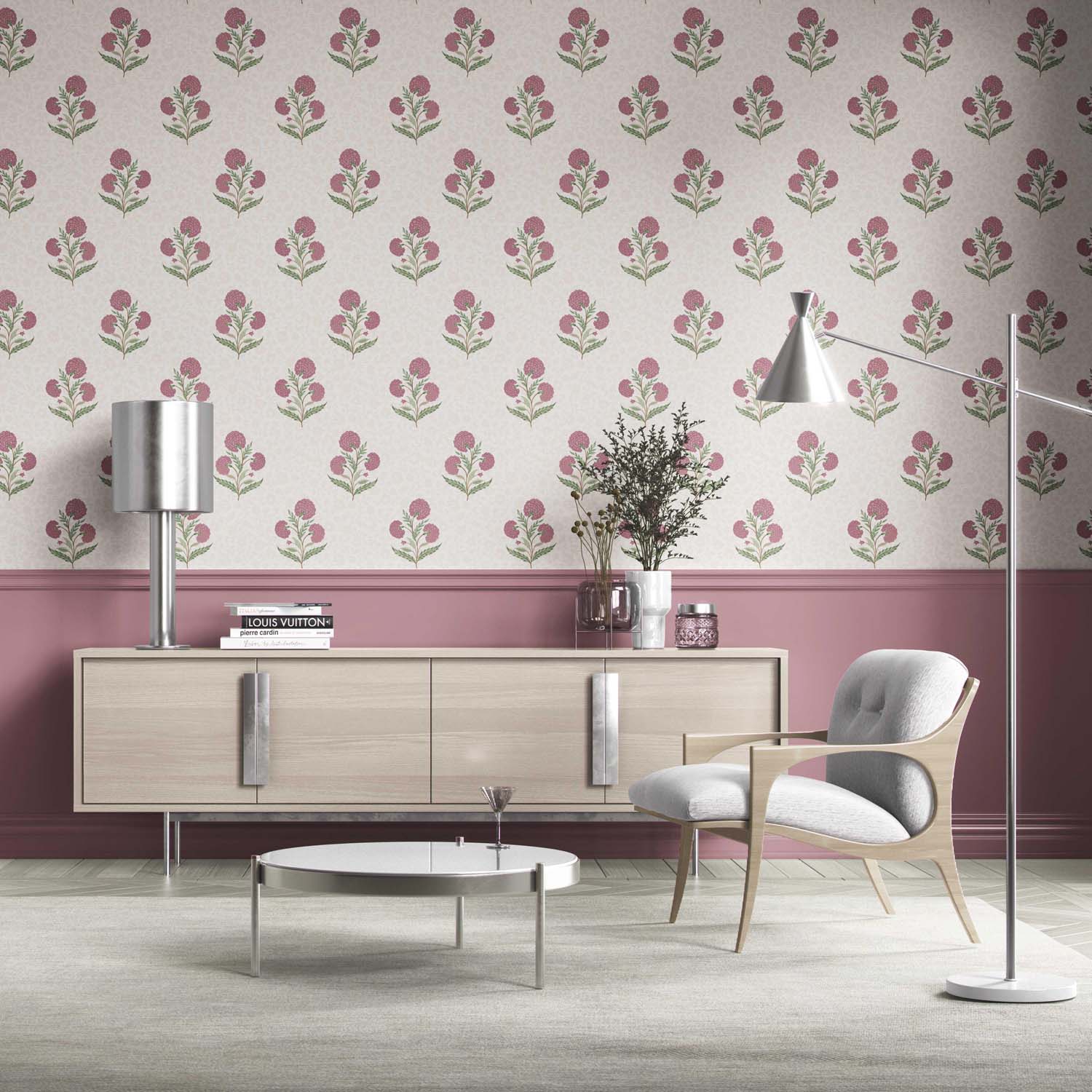 Floral Block Print Kitchen Wallpaper (Pink/ Green/ Soft Taupe)
