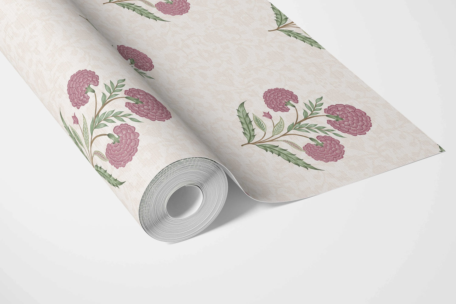Floral Block Print Bathroom Wallpaper (Pink/ Green/ Soft Taupe)