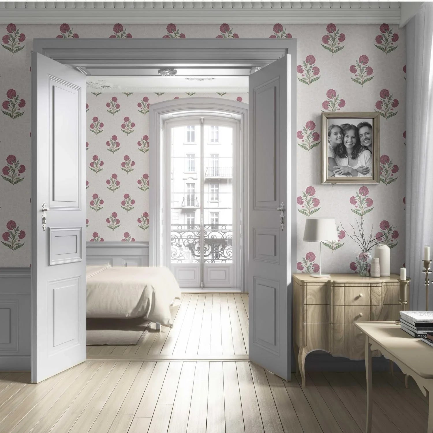 Floral Block Print Living Room Wallpaper (Pink/ Green/ Soft Taupe)