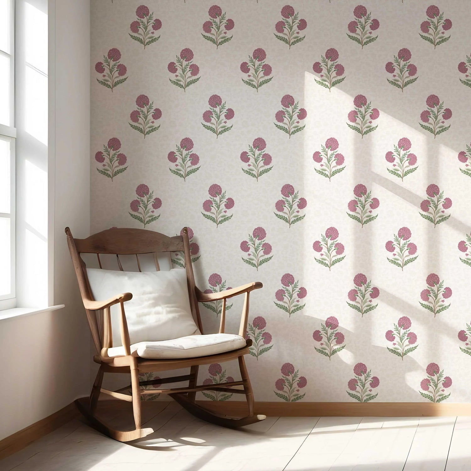 Floral Block Print Nursery Wallpaper (Pink/ Green/ Soft Taupe)