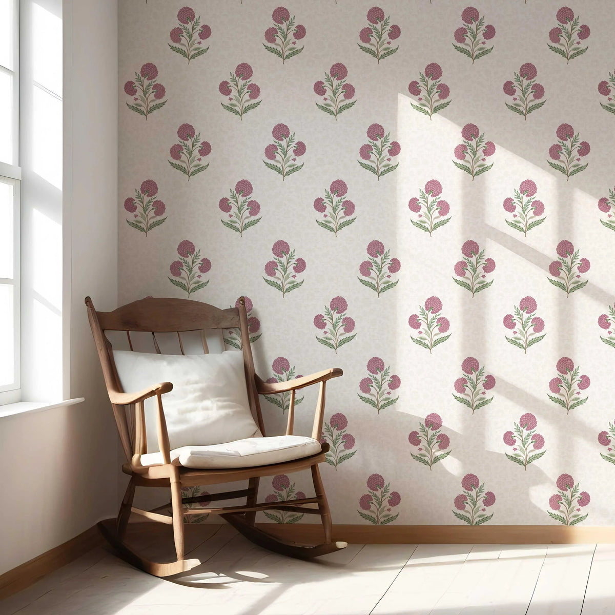 Floral Block Print Nursery Wallpaper (Pink/ Green/ Soft Taupe)
