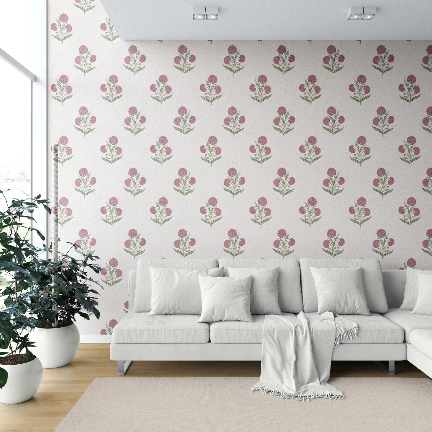 Floral Block Print Shower Toilet Wallpaper (Pink/ Green/ Soft Taupe)
