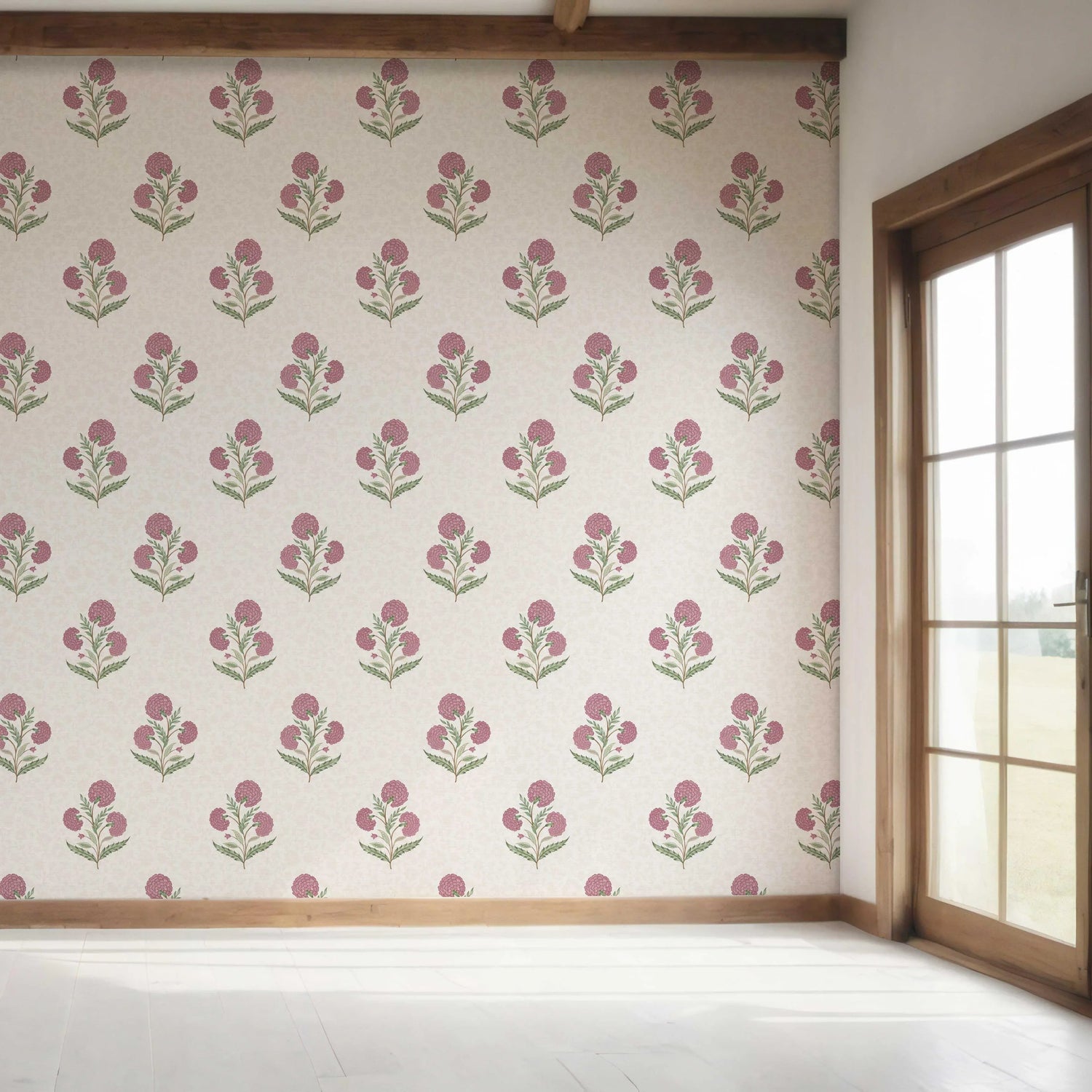 Floral Block Print Bedroom Wallpaper (Pink/ Green/ Soft Taupe)