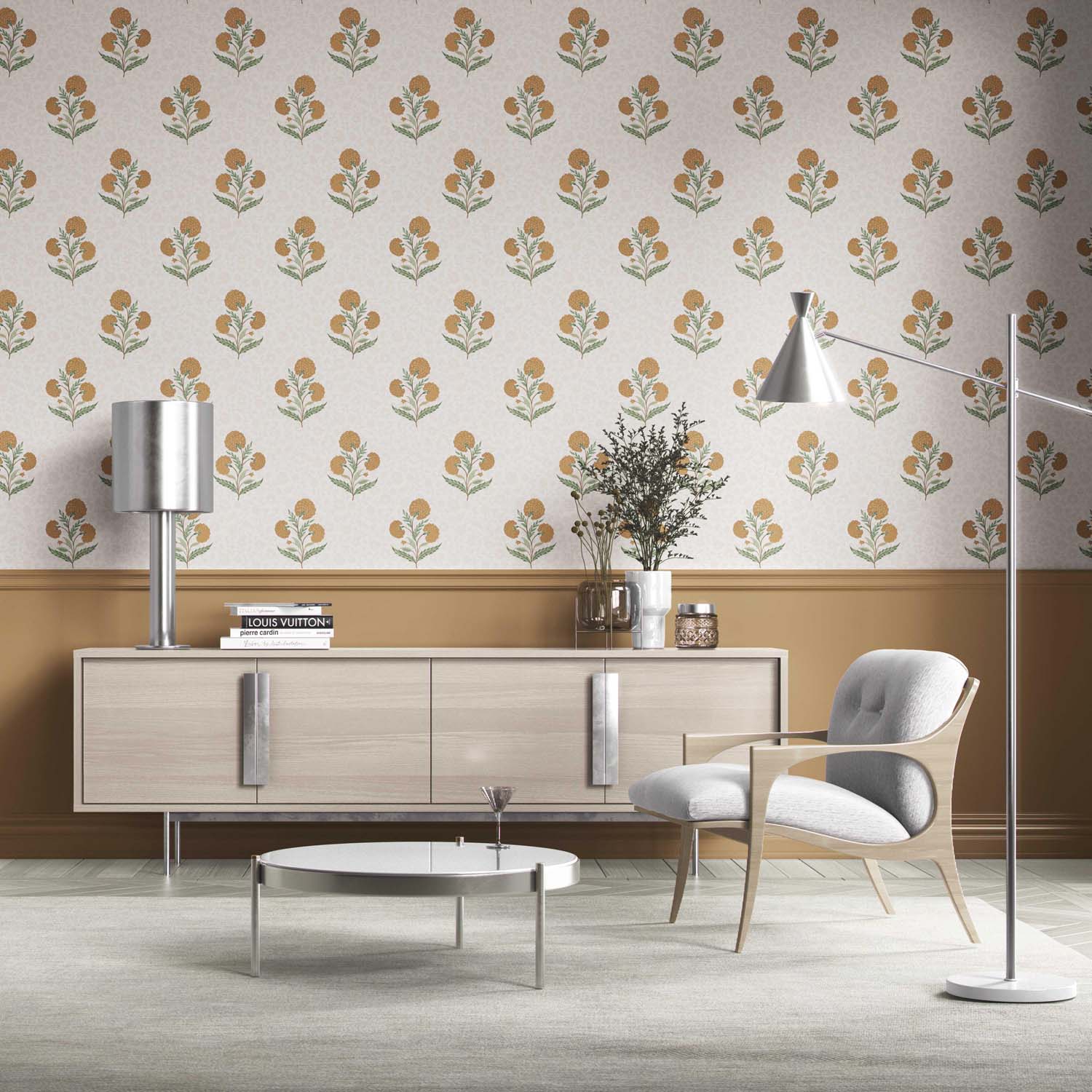 Floral Block Print Kitchen Wallpaper (Ochre Yellow/ Green)