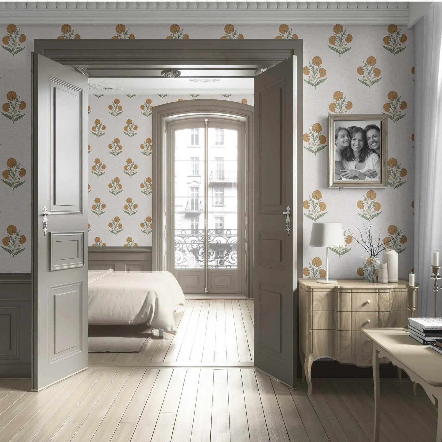 Floral Block Print Living Room Wallpaper (Ochre Yellow/ Green)