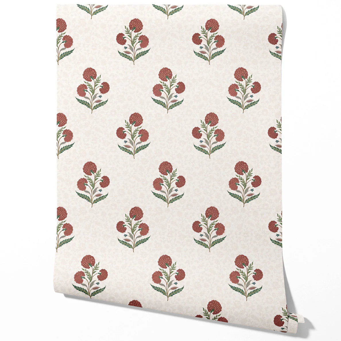 Floral Block Print Kitchen Wallpaper (Red/ Green/ Soft Taupe)