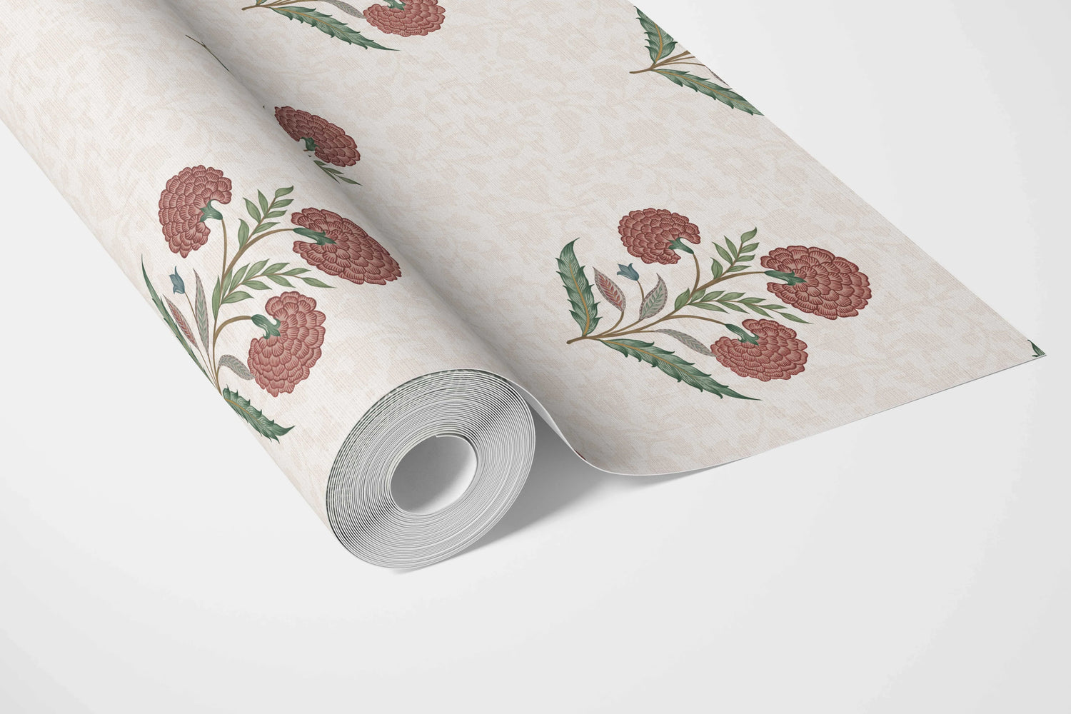 Floral Block Print Bathroom Wallpaper (Red/ Green/ Soft Taupe)