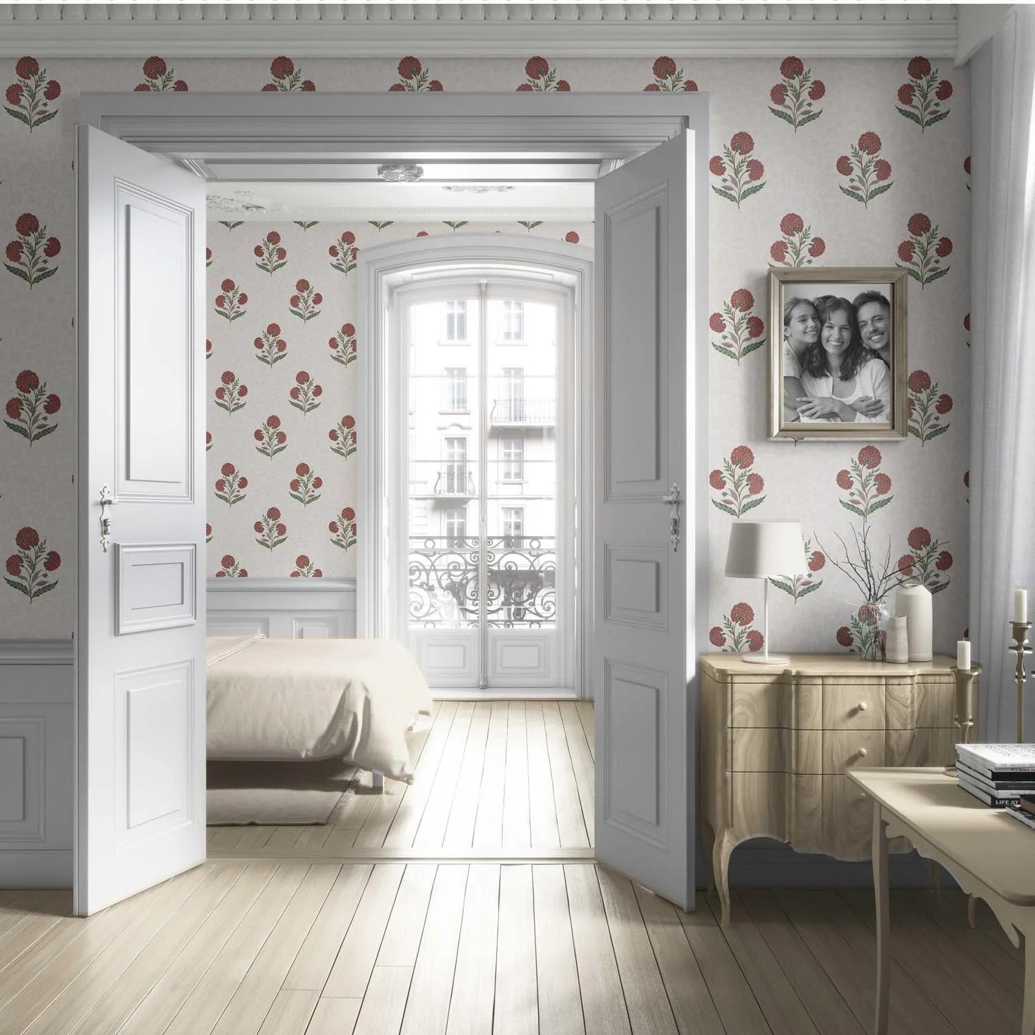 Floral Block Print Living Room Wallpaper (Red/ Green/ Soft Taupe)